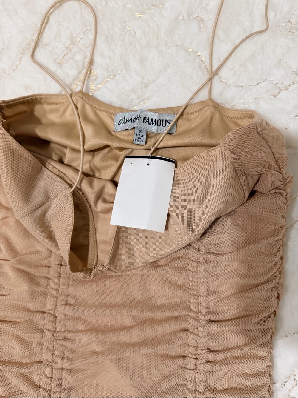Nude/Tan Ruched Bodycon Mini Dress - Picture 2 of 5